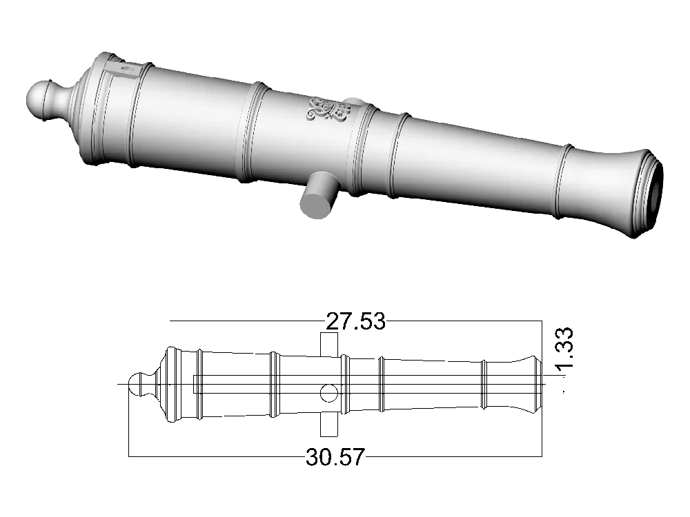 Ствол пушки тип Armstrong, герб Георг 3, 6 фунтов, масштаб 1:72, длина 30,6 мм, 2 шт Ствол пушки тип Armstrong, герб Георг 3, 6 фунтов, масштаб 1:72, длина 30,6 мм, 2 шт