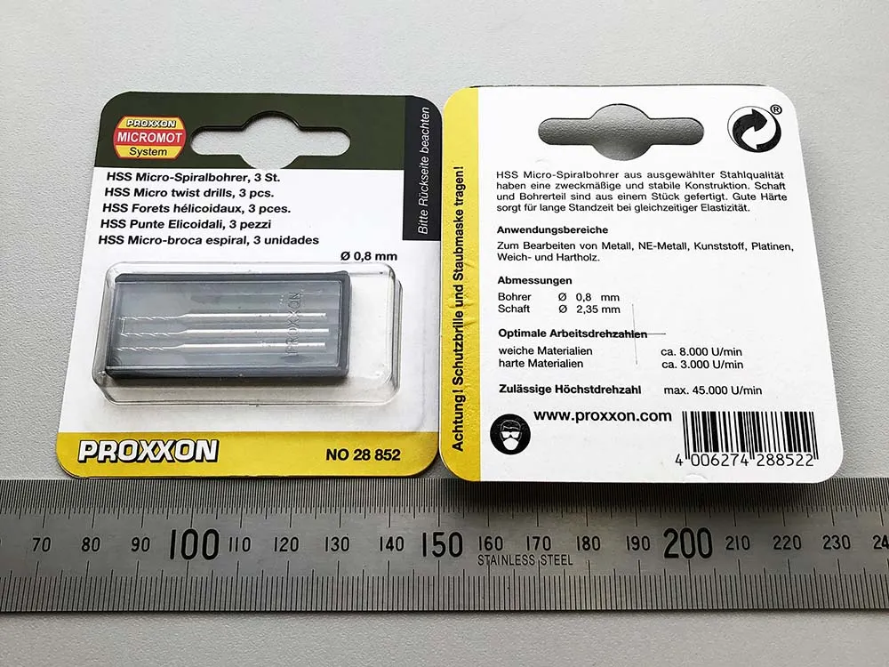 Вольфрам-ванадиевые свёрла Proxxon 0,8 мм, 3 шт