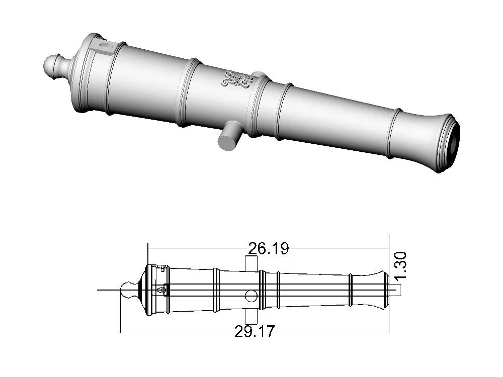 Ствол пушки тип Armstrong, герб Георг 3, 4 фунта, масштаб 1:64, длина 29,2 мм, 2 шт Ствол пушки тип Armstrong, герб Георг 3, 4 фунта, масштаб 1:64, длина 29,2 мм, 2 шт