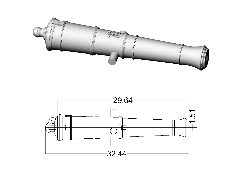 Ствол пушки тип Blomefield, герб Георг 3, 9 фунтов, масштаб 1:72, длина 32,4 мм, 2 шт