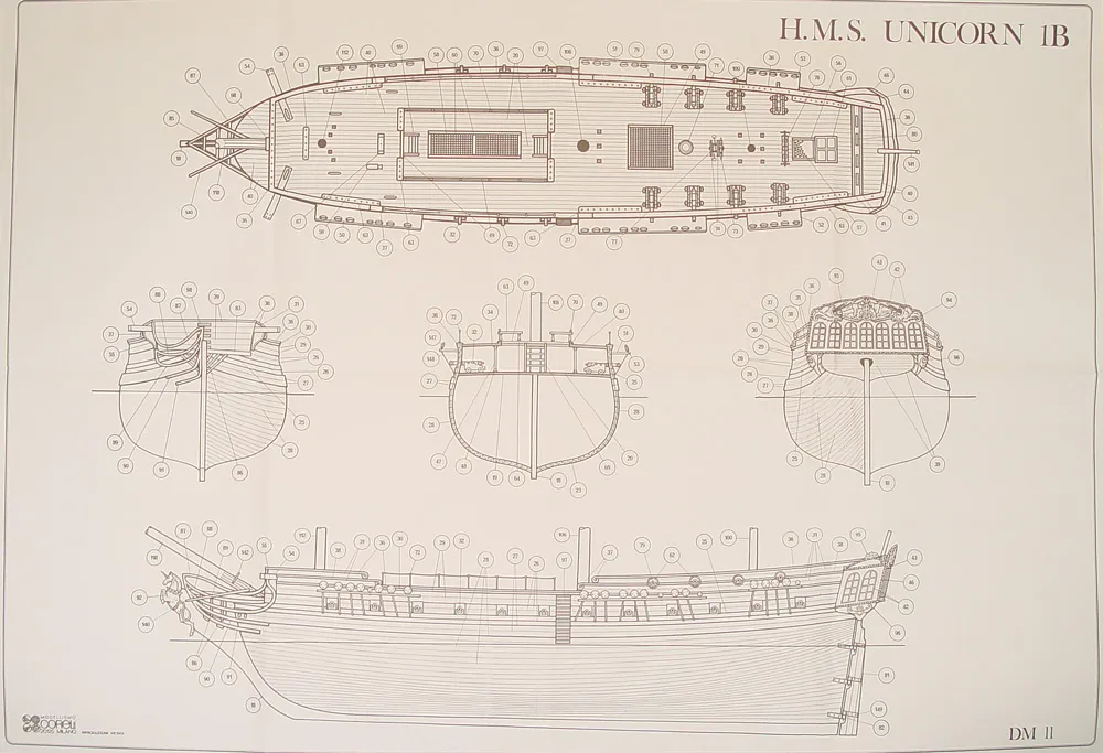 Чертеж корабля HMS Unicorn, масштаб 1:75