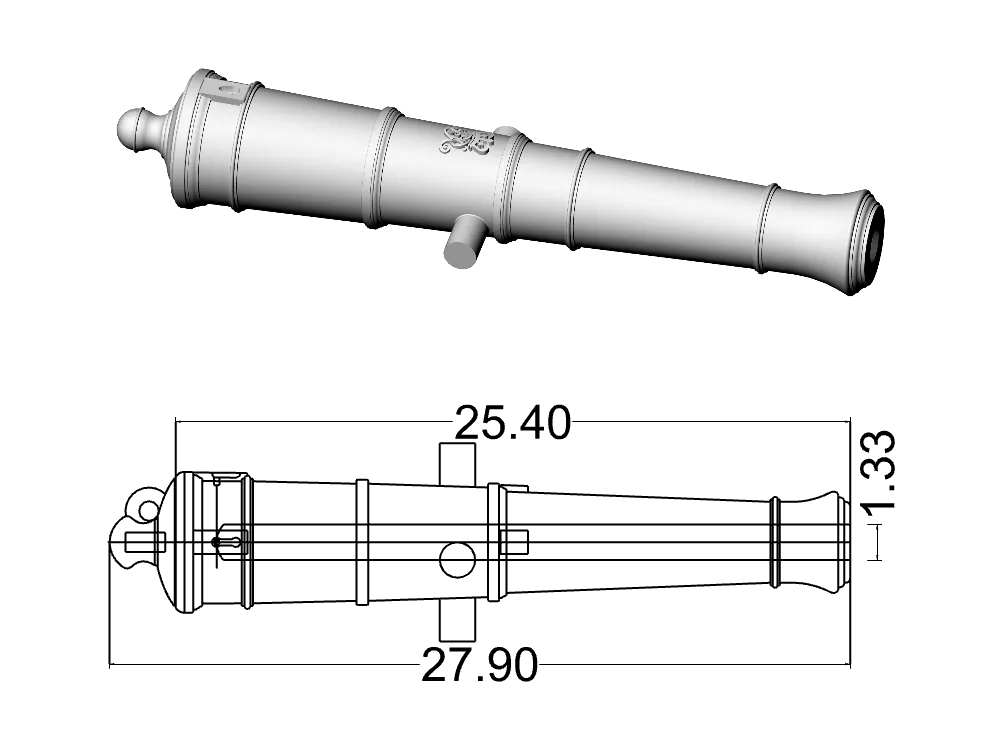 Ствол пушки тип Blomefield, герб Георг 3, 6 фунтов, масштаб 1:72, длина 27,9 мм, 2 шт