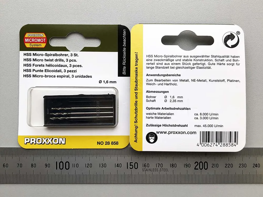 Вольфрам-ванадиевые свёрла Proxxon 1,6 мм, 3 шт Вольфрам-ванадиевые свёрла Proxxon 1,6 мм, 3 шт