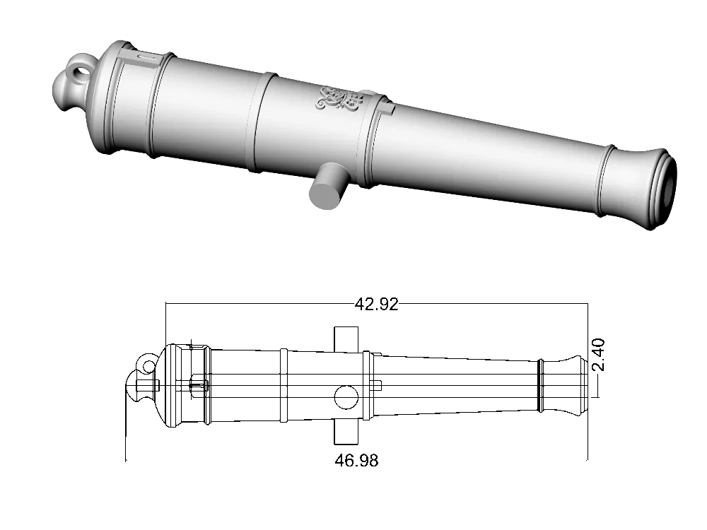 Ствол пушки тип Blomefield, герб Георг 3, 24 фунта, масштаб 1:64, длина 47 мм, 2 шт Ствол пушки тип Blomefield, герб Георг 3, 24 фунта, масштаб 1:64, длина 47 мм, 2 шт