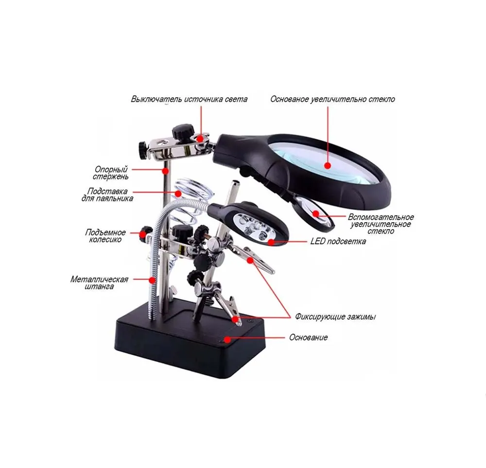 Третья рука "Чистый глаз" 90 мм с тремя линзами, подсветкой и блоком питания Третья рука "Чистый глаз" 90 мм с тремя линзами, подсветкой и блоком питания