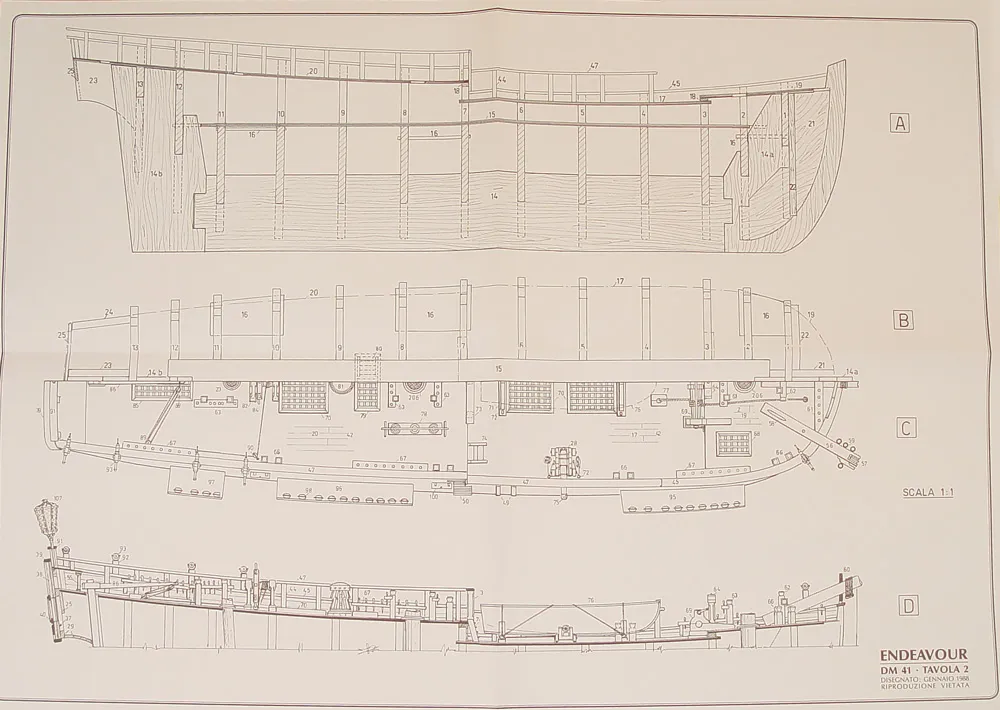 Чертеж корабля HMS Endeavour, масштаб 1:60