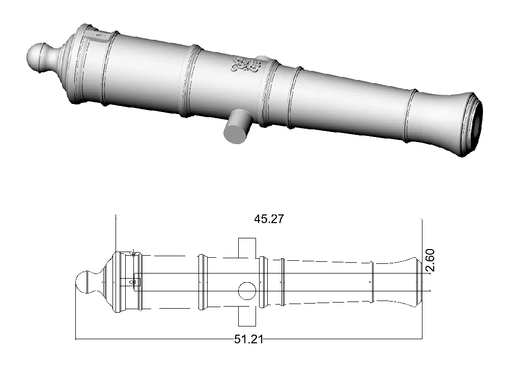 Ствол пушки тип Armstrong, герб Георг 3, 32 фунта, масштаб 1:64, длина 51,2 мм, 2 шт Ствол пушки тип Armstrong, герб Георг 3, 32 фунта, масштаб 1:64, длина 51,2 мм, 2 шт