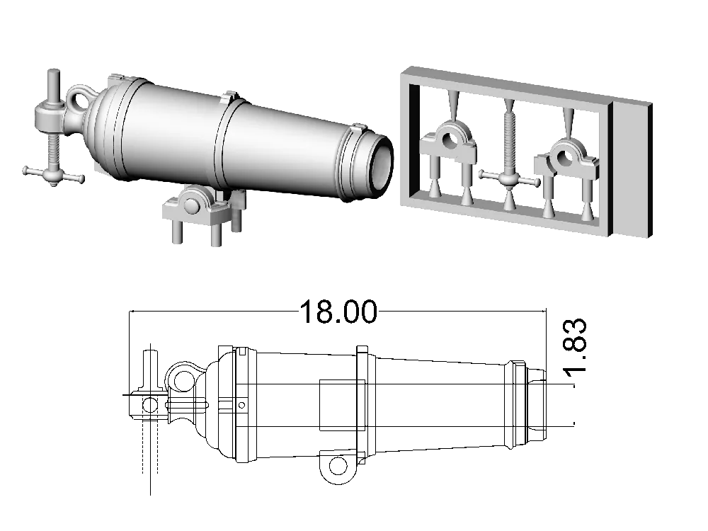Английская карронада, ок. 1795, 12 фунтов, масштаб 1:64, длина 18 мм, 2 шт