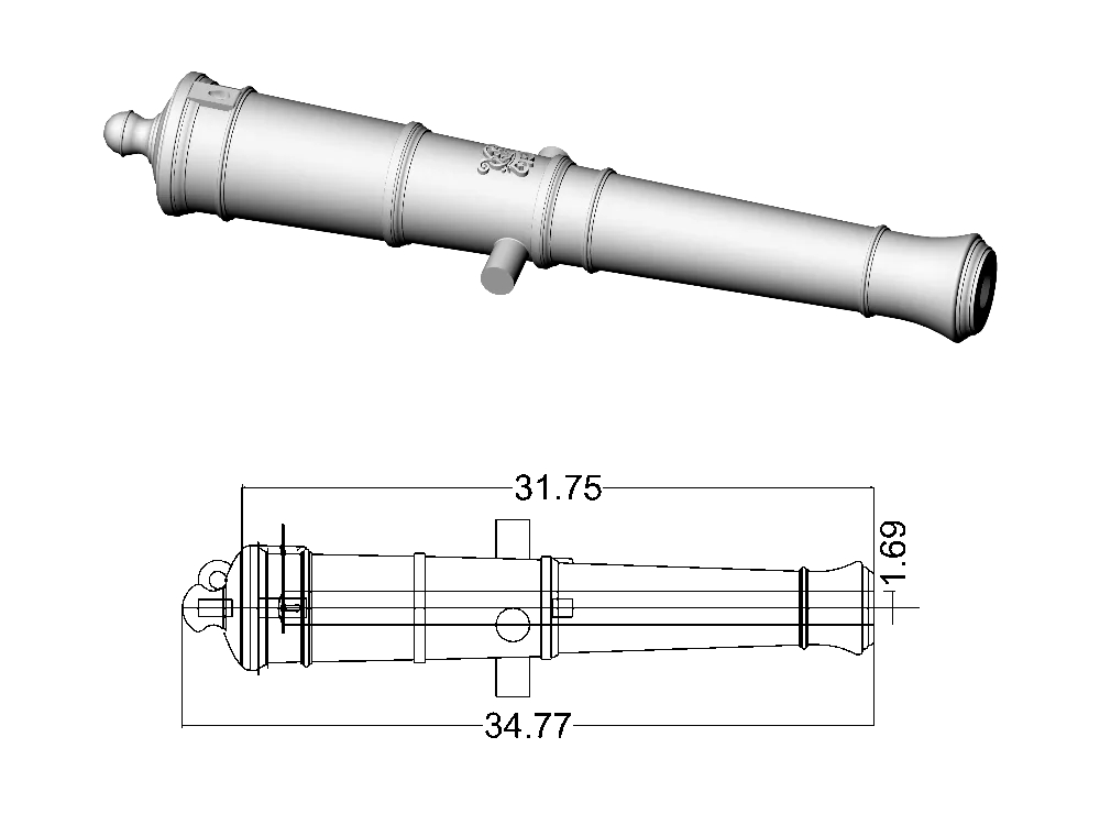 Ствол пушки тип Armstrong, герб Георг 3, 6 фунтов, масштаб 1:72, длина 34,8 мм, 2 шт Ствол пушки тип Armstrong, герб Георг 3, 6 фунтов, масштаб 1:72, длина 34,8 мм, 2 шт