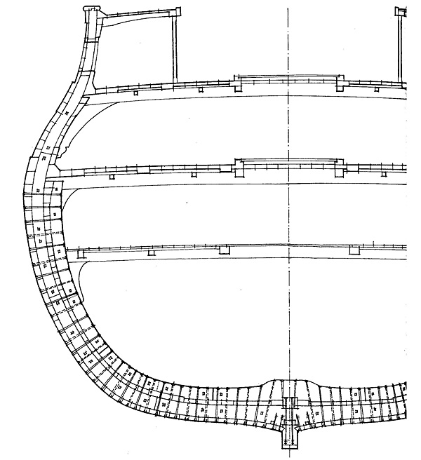 Поперечное сечение по грота-люку Поперечное сечение по грота-люку